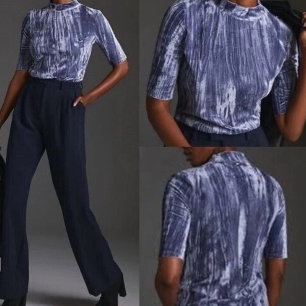 Pilcro Velveteen Mockneck Blue and Gray Shortsleeved Top